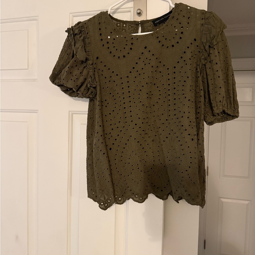 English Factory Olive Eyelet Puff Sleeve Blouse